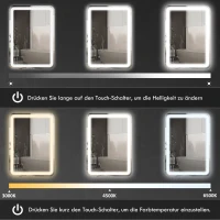 HOMCOM Badezimmerspiegel, beleuchtet, Touch-Steuerung, beschlagfrei, dimmbar, 3 Lichtfarben, 50x70, Silber(m-6)