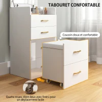 HOMCOM Coiffeuse avec miroir et tabouret 3 en 1, 3 tiroirs et plateau en verre visible, coussin rembourré, 48 x 40 x 90 cm, blanc(m-5)