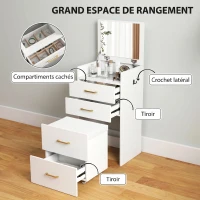 HOMCOM Coiffeuse avec miroir et tabouret 3 en 1, 3 tiroirs et plateau en verre visible, coussin rembourré, 48 x 40 x 90 cm, blanc(m-6)