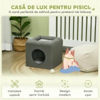 PawHut Căsuță pentru Pisici cu 2 Niveluri, cu Pernă din Pluș, din Lemn, Poliester și Plastic, 36,5x36,5x33 cm, Verde(m-7)