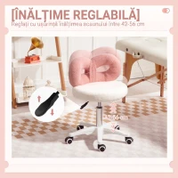 HOMCOM Scaun rotativ cu înălțime reglabilă, cu spătar curbat, din material Teddy, 50x50x63-77 cm, alb și roz(m-6)