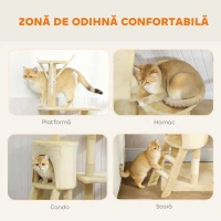 PawHut Turn pentru Pisici cu Căsuță, Platformă, Suport și 4 Șoricei Agățați, 60x35x134 cm, Bej(m-5)