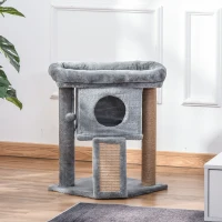PawHut Arbor pentru Pisici cu Căsuță și Pat din Pluș, Zgâriător din Iută și Minge, Gri(m-10)
