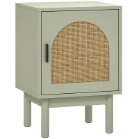 HOMCOM Mesilla de Noche con Puerta de Ratán Estante Ajustable y Patas de Madera Estilo Bohemio 40x35x58 cm Verde Claro(m-1)