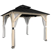 Outsunny 3 x 3 m Outdoor Hardtop Gazebo Canopy with 2-Tier Steel Roof, Wood Garden Gazebo with Curtains, Light Grey(m-1)