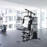 HOMCOM Station de musculation entrainement complet développé couché butterfly barre latissimus curler bande résistance 10 contrepoids 45 kg avec filet de protection acier noir(m-10)