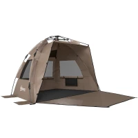 Outsunny 2-3 Person Pop Up Beach Tent, UPF15+ Sun Shelter with Extended Floor, Sandbags, Mesh Windows and Carry Bag, Brown(m-1)