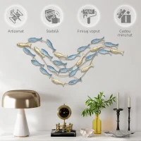 HOMCOM Artă de Perete Banc de Pești din Metal cu Șuruburi Incluse, 99,7x3,8x50,2 cm, Auriu și Albastru(m-6)