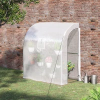 Outsunny Walk-In Lean to Wall Greenhouse with Windows and Doors, Outdoor Green House with 3 Tiers 4 Wired Shelves, 200L x 100W x 215Hcm, White(m-2)
