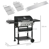 Outsunny Four-Burner Steel Gas Grill, with Thermometer - Black(m-3)