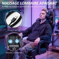 HOMCOM Chaise gaming ergonomique, fauteuil gamer avec support lombaire massant, dossier inclinable, hauteur réglable, noir(m-4)