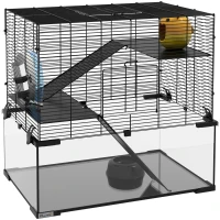 PawHut Gabbia per Criceti a 3 Livelli con Ruota, Rampe e Fondo Rimovibile, 60x40x57cm, Nero(m-1)
