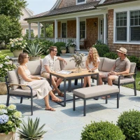 Outsunny Salon de Jardin 7 Pièces Ensemble Canapé d'Angle Extérieur Modulable avec Table en WPC et Pouf Beige et Gris(m-10)