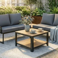 Outsunny 4 Seater Metal Garden Furniture Set, Corner Garden Sofa Set with 2 Loveseats, 2 Nesting Tables, Arm Side Trays, Teak(m-10)