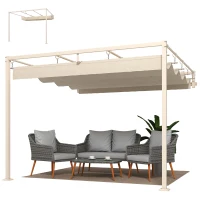 Outsunny Pergola Addossata 3x3 m con Tetto Retrattile Scorrevole UV30+ e Fori di Drenaggio, Beige(m-11)
