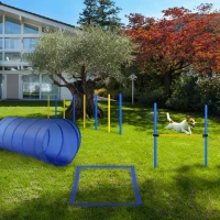 PawHut Agility sport pour chiens équipement complet obstacle, tunnel, slalom, zone repos + sac de transport bleu jaune(m-10)