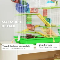 PawHut Cușcă pentru Hamsteri și Rozătoare Mici cu 5 Niveluri, Tubi Colorati, Roată, Căsuță și Accesorii Incluse, 47x30x59 cm, Verde(m-6)