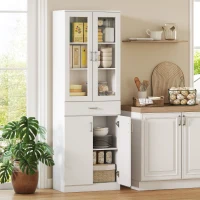 HOMCOM Buffet haut cuisine, armoire de cuisine, 4 portes dont 2 en verre, tiroirs, étagères réglables, 60x35x180cm, blanc(m-2)
