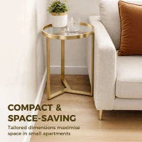 HOMCOM Round Side Table with Tempered Glass Top and Geometric Metal Frame for Small Space, Gold Tone(m-6)