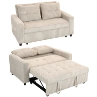 HOMCOM 2-Sitzer Sofabett, Cordbezug, zum Schlafsofa umwandelbar, 2 Kissen, Seitentaschen, 157 x 190 cm, Cremeweiß(m-12)