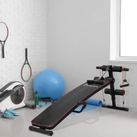 HOMCOM Banc de musculation appareil à abdo hauteur réglable 137,5L x 55,5l x 50-68H cm 2 bandes de résistances + ressort central traction acier noir rouge(m-10)