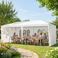 Outsunny Carpa de Jardín 6x3m con 4 Paredes Laterales 2 Ventanas Visibles Cenador Gazebo de Exterior para Fiestas Eventos Blanco(m-8)