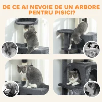 PawHut Arbore pentru Pisici Înalt de 140 cm cu 2 Cuști, Pat și Hamac pentru 2-3 Pisici, Acoperit cu Pluș, Gri(m-8)