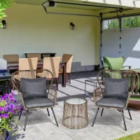 Outsunny 3 Pieces Rattan Bistro Set, Wicker Garden Furniture Set with Cushions, Glass Top Coffee Table and Chairs for Outdoor, Patio, Balcony, Grey(m-2)
