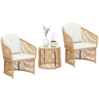 Outsunny Rattan-Bistro-Set, 3-teiliges Gartenmöbel-Set mit rundem Glastisch, Sesseln und Kissen, Cremeweiß(m-12)