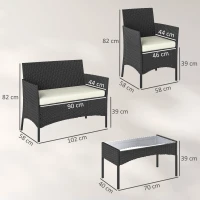 Outsunny 4 Piece Rattan Garden Furniture Sofa Set with Loveseat, Armchairs, Glass-Top Coffee Table and Cushions, Cream White(m-3)