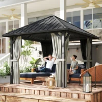 Outsunny 3 x 3(m) Hardtop Gazebo with Galvanised Steel Roof and Water Gutter, Waterproof Permanent Pavilion Garden Gazebo with Netting and Curtains for Patio, Deck, Black(m-10)