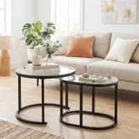 HOMCOM Nest of Tables with Steel Frame and Tempered Glass Tabletop, Modern Coffee Table Set of 2, Black(m-2)