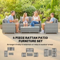 Outsunny 4 Piece Rattan Garden Furniture Set with Loveseat, 2 Armchairs, Glass-Top Table, Wicker Patio Conversation Set, Grey(m-4)