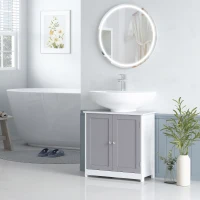 kleankin Waschbeckenunterschrank Badezimmerschrank Waschtischunterschrank mit 2 Türen Regal verstellbar MDF Weiß+Grau 60 x 30 x 60 cm(m-8)