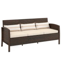 Outsunny Rattan Sofa mit Kissen, Dreisitzer, Garten Loungesofa, Stahl, Braun, 173 x 68 x 78 cm(m-12)