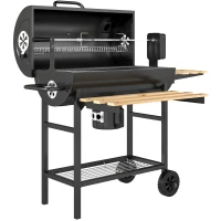 Outsunny Barbacoa de Carbón Portátil Barbacoa Carbón Barril con Asador Eléctrico Estantes Plegables Ruedas Termómetro(m-11)