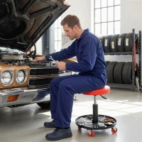 HOMCOM Rolling Mechanical Stool, Pneumatic Adjustable Workshop Stool with Tool Tray, Wheels - Orange(m-13)