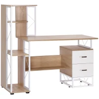 HOMCOM Escritorio con Estantería Librería Mesa de Ordenador PC con Superficie de 110 cm 2 Cajones y Múltiples Estantes para Oficina Estudio Despacho 133x55x123 cm Roble(m-10)
