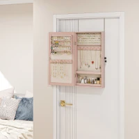 HOMCOM Espejo Joyero de Pared con Cerradura y Varios Compartimentos Montar en Pared o Puerta Rosa y Forro Beige(m-10)