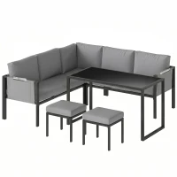 Outsunny Salon de Jardin Canapé d'Angle Extérieur 6 Pièces Coussins 10cm Table Haute et 2 Repose-pieds Gris(m-1)