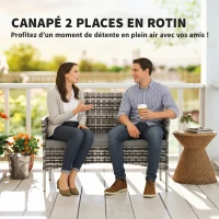 Outsunny Canapé de jardin 2 places en résine tressée avec coussins canapé d'extérieur avec accoudoirs 115 x 63 x 85 cm gris clair(m-4)