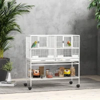 PawHut Gaiola para Pássaros Grande com Divisor Rodas 4 Comedouros 4 Poleiros Prateleira 2 Bandejas Removíveis 95x45,5x102 cm Branco(m-10)