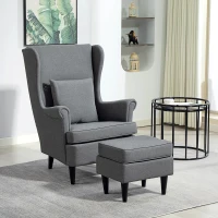 HOMCOM Sillón con Reposapiés Respaldo Alto Capitoné Patas de Madera Almohada Acolchada y Tapizado en Lino Gris(m-11)