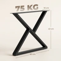 HOMCOM Pieds de table en acier, 60 x 43 cm, lot de 2 pieds de bureau en forme X avec patins réglables et vis, noir(m-3)