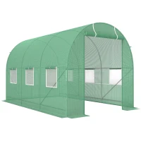 Outsunny Gewächshaus 350x200x200cm Foliengewächshaus Tomatenhaus mit Tür, 6 Fenster, Folientunnel aus verzinktem Stahl, PE, stabiles Treibhaus Pflanztunnel, inkl. Erdanker & Seilen, Grün(m-1)
