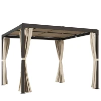 Outsunny Cenador de Jardín con Techo Corredizo Cortinas y Estructura de Aluminio y Acero para Exteriores 420x295x220 cm Beige(m-1)