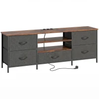 HOMCOM Meuble TV 140 cm, meuble télé 65 pouces, station de charge, 5 tiroirs en tissu, étagères ouvertes, 140x30x50cm, marron(m-1)