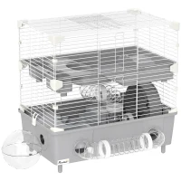 PawHut Cage pour hamster  à 2 niveaux avec roue de course salle de bain en sable pour hamster nain 44,5 x 28 x 44 cm gris(m-1)