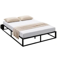 HOMCOM Cadru de pat 140 x 190 cm cu somier, pat dublu cu buzunar de depozitare, suport cu lamele din lemn, negru(m-9)