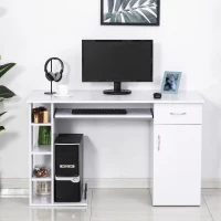 HOMCOM Scrivania per PC Ergonomica con Mensole, Armadietto, Cassetto e Piano Tastiera Estraibile, Bianca, 120x60x74cm(m-3)